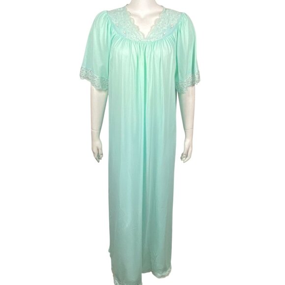 Vintage Shadowline Long Nightgown Size M Lace Trim Nylon Short Sleeves Green - Picture 1 of 6